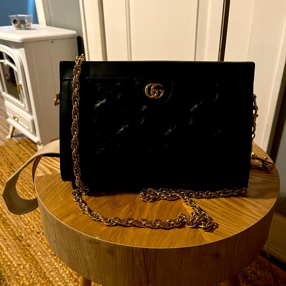 GG MATELASSE SMALL BAG with gold and canvas hardware.